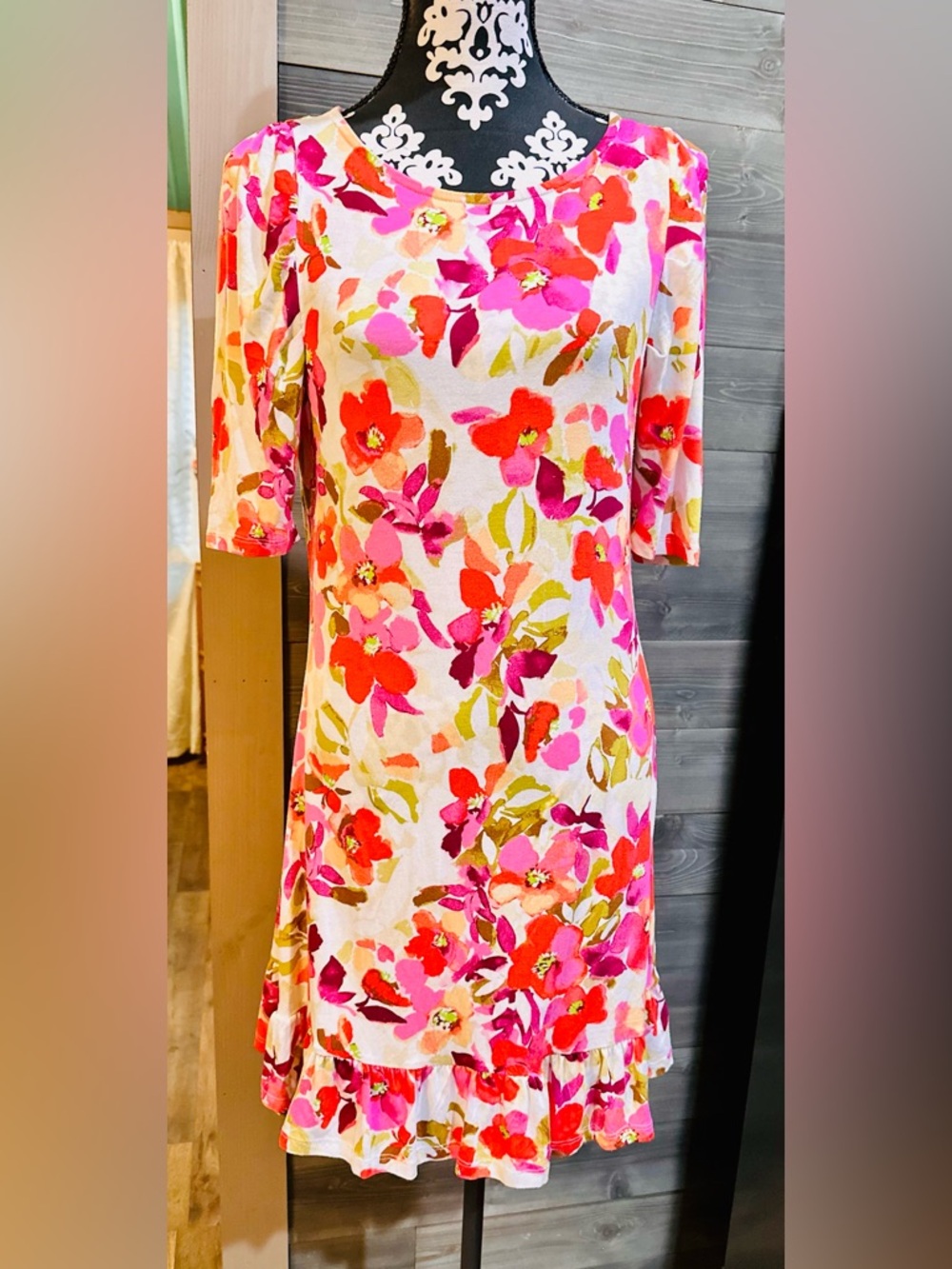 Floral Midi Dress in Pink and Coral - Women's